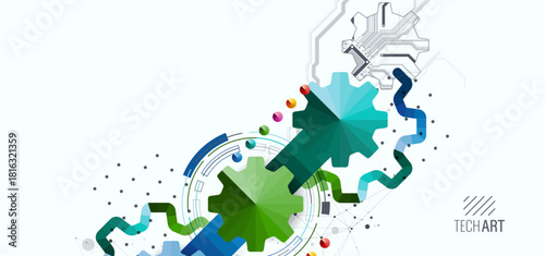 Stylized view of gears integrated with microcircuits. Concept of combining mechanics and electronics.