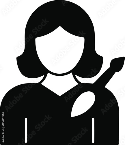 Artist woman icon with paintbrush, Black silhouette icon of a female figure holding a paintbrush, symbolizing art, creativity, painting professions, or artistic hobbies.

