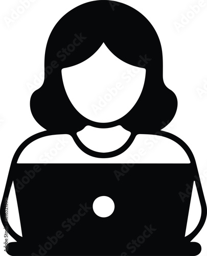 Woman working on laptop icon, Simple black silhouette icon of a female figure using a laptop, representing online work, studying, digital tasks, or remote communication.


