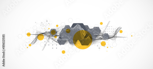 Abstract composition with wireframe hexagons, dots, and lines. Vector