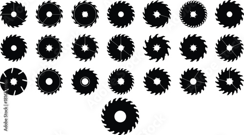 Circular saw blade silhouettes, vector collection of black round industrial cutting tools, sharp carpentry icons isolated on white background for construction design elements.