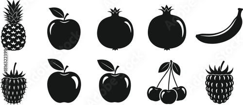 Collection of black fruit silhouettes, vector food icons set, isolated pineapple apple and berry shapes for graphic design, logo, and menu.