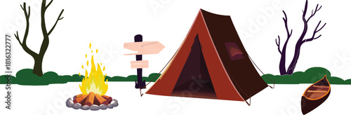 “Cartoon camping scene with tent, campfire, wooden canoe, direction sign, forest trees and outdoor adventure landscape in nature, illustration”