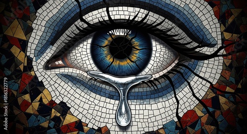 Mosaic art illustration of sad crying blue eye with tear drop and cracked texture wall