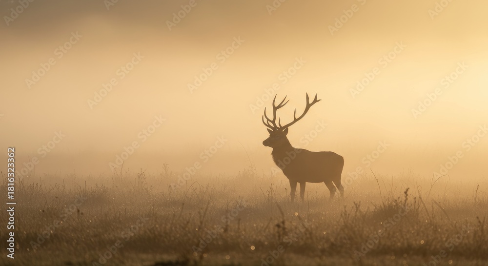 Fototapeta premium Majestic deer silhouette in early morning fog with impressive antlers