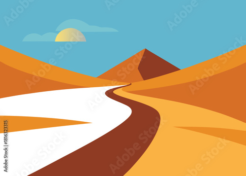 Scenic mountain road with evergreen trees and green slopes illustration