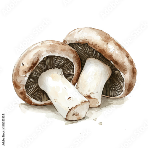 Watercolor_style_painting_of_fresh_mushroom_on_a_white_Hand-painted watercolor design, vectorized, painting style, vector set available in EPS, simple design