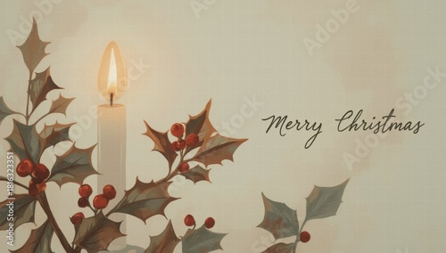 Candle and holly decoration with text 'Merry Christmas' on background  