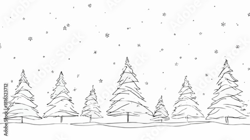 Minimal line art drawing of abstract Christmas trees and  snowflakes, with space for text,  for holiday cards and winter packaging