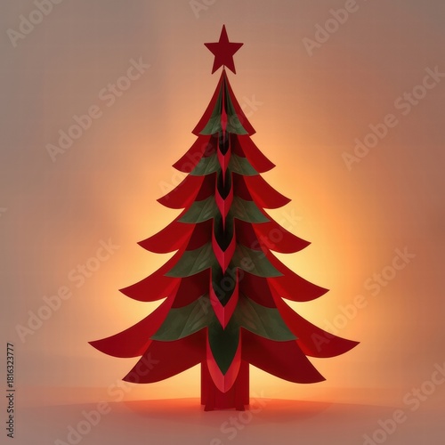 Red paper Christmas tree illuminated against a soft background  