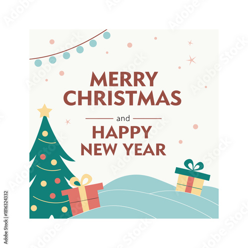 Merry Christmas greeting card with Santa Claus and a snowman illustration, featuring a winter holiday design with snowflake decoration and a happy new year message