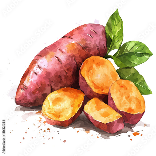 Watercolor_style_painting_of_fresh_sweet_potato_on_a_white, Simple Hand-painted watercolor style, vectorized, painting style, vector set available in EPS
