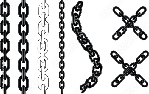 Metal chain silhouette set, vector collection of vertical, wavy and crossed iron links, black industrial hardware illustrations isolated on white for security design elements.
