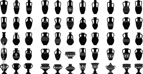 Set of ancient Greek vase silhouettes, vector pottery icons collection, black amphora and jug shapes isolated on white for historical graphic design projects.