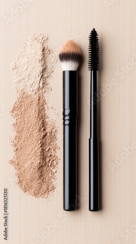 A makeup brush and a mascara wand are placed next to a pile of loose powder on a textured, light-colored surface. The lighting is soft and natural.