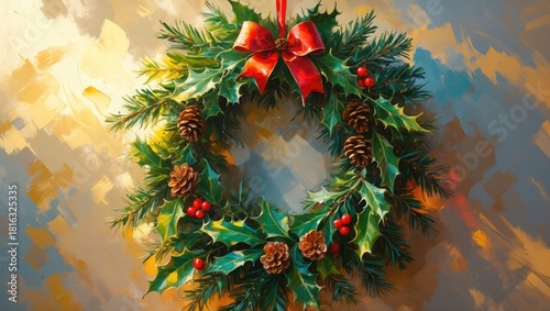 Christmas wreath with red ribbon and winter decorations on wall  