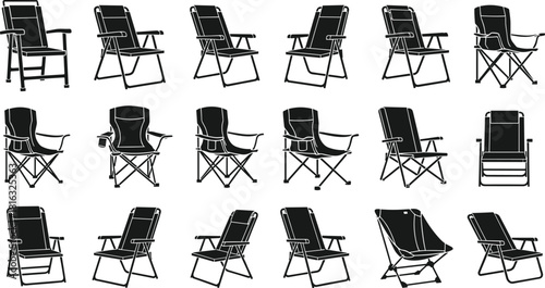 Set of black camping chair silhouettes, vector folding furniture icons, isolated portable seats for fishing, beach, and picnic graphic design projects.