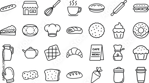Bundle of Bakery, Cafe, and Dessert Line Art Icons: Bread, Pastries, Coffee, Chef Hat, Sweets, and Food Preparation Symbols