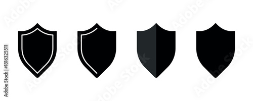 Shield icon set. Security shields logotypes. Badge quality symbol, sign, logo or emblem. Collection of shield icon vector template isolated. Black and white shield silhouette. Vector illustration