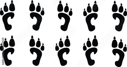 Set of bear paw print silhouettes, vector wild animal tracks, isolated grizzly foot shapes with claws for graphic design, hunting, and nature.