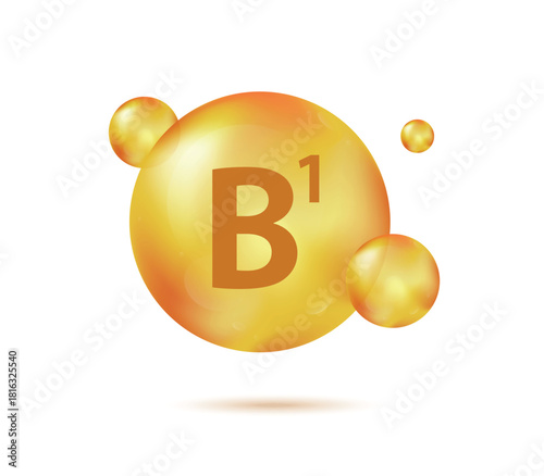 Vitamin B1 gold capsule. Pill capcule vector illustration isolated on white background. Nutrition skin care. Beauty and health vector concept. Meds for heath ads. Vector illustration