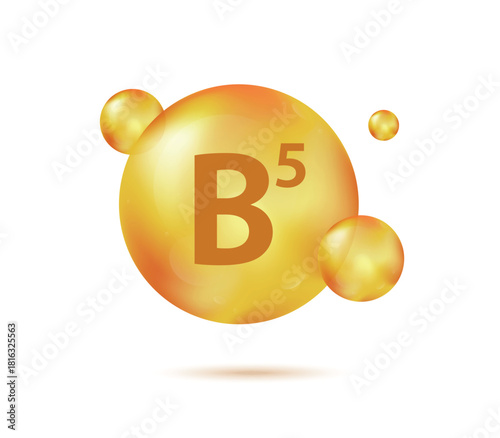 Vitamin B5 gold capsule. Pill capcule vector illustration isolated on white background. Nutrition skin care. Beauty and health vector concept. Pantothenic acid vitamin drop pill capsule