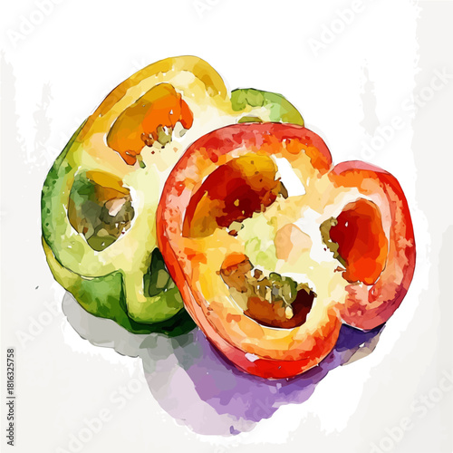 Watercolor_style_painting_of_sliced_bell_pepper_on_a_white, Simple Hand-painted watercolor style, vectorized, painting style, vector set available in EPS