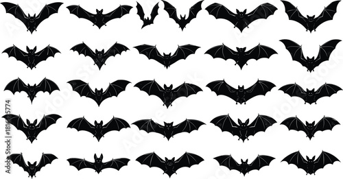 Set of black flying bat silhouettes, isolated halloween horror vector collection, spooky night animal icons, scary vampire mammal illustration bundle, graphic design elements