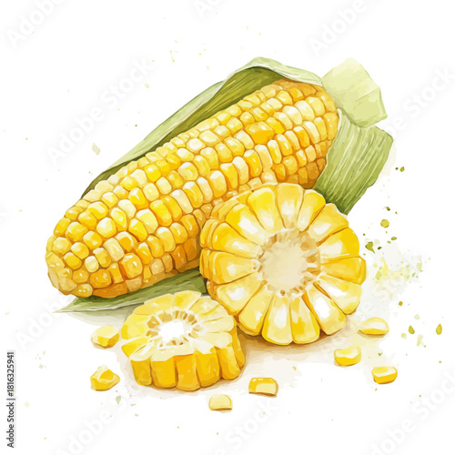 Simple Hand-painted watercolor style, vectorized, painting style, vector set available in EPS_Watercolor_style_painting_of_sliced_corn_on_a_white