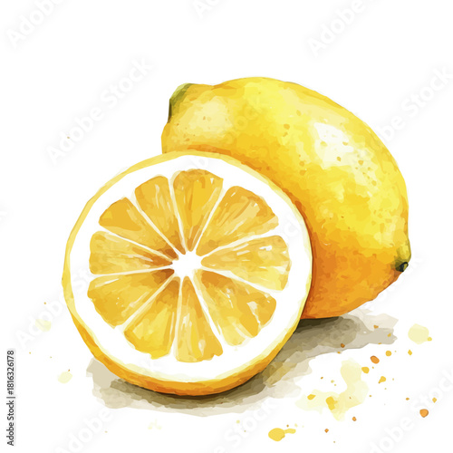 Watercolor_style_painting_of_sliced_lemon_on_a_white, Simple Hand-painted watercolor style, vectorized, painting style, vector set available in EPS