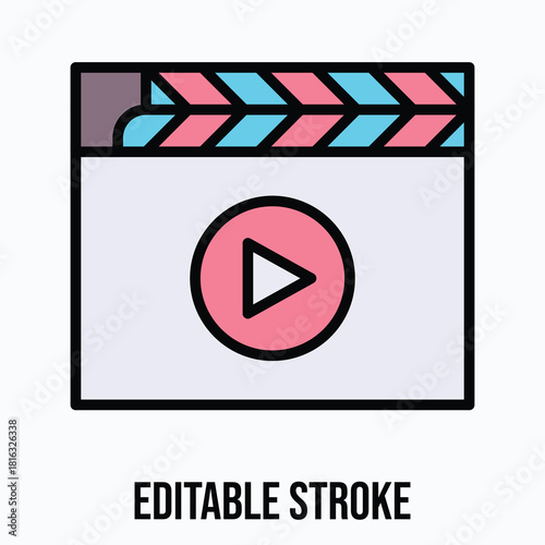 Clapperboard Video Vector Icon Illustration, Lineal Colour Icon