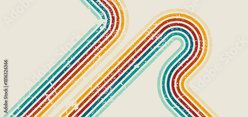 Retro curved multicolor stripes vector background with vintage grunge texture, perfect for 70s style posters, wallpapers, and creative graphic design.