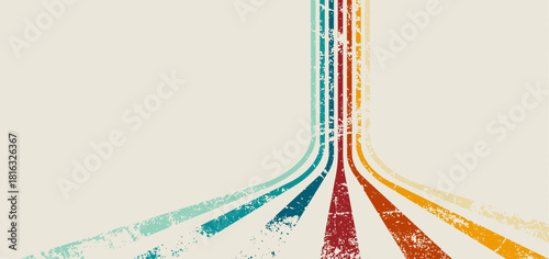 Retro multicolor lines vector background curving upward with vintage grunge texture, perfect for 70s style posters, wallpapers, and creative graphic design.