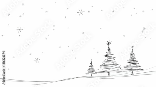 Minimal line drawing of abstract Christmas trees with falling snowflakes and copy space for modern holiday branding and corporate design