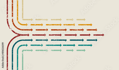 Retro multicolor upward arrows vector background with vintage grunge texture, perfect for 70s style posters, growth concepts, and creative graphic design.