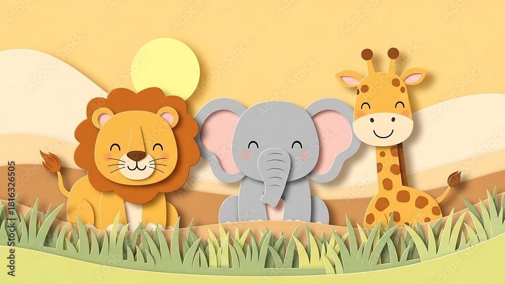 Obraz premium Adorable Cartoon Animals in a Sunny Savannah Landscape Illustration.