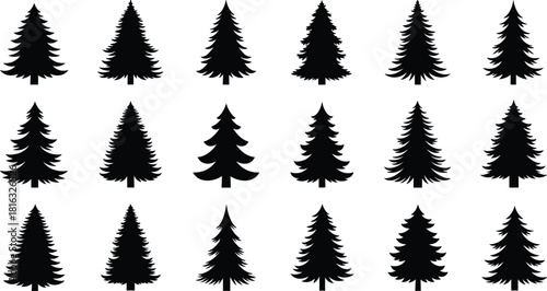 Set of black pine tree silhouettes, isolated forest nature vector collection, christmas fir icons, woodland landscape design elements, evergreen plant illustration bundle