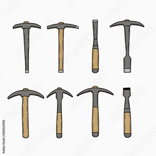 A collection of eight illustrated hand tools including various picks and chisels with wooden handles.