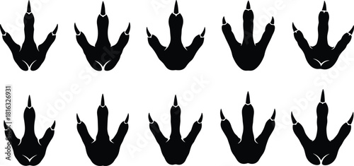 Set of dinosaur footprint silhouettes, vector monster tracks, isolated reptile claws, prehistoric animal shapes for graphic design, logo, and gaming interface.