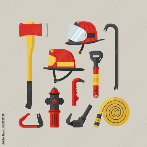 Collection of essential firefighting equipment and tools including helmets, axe, hydrant, and hose on a plain background.