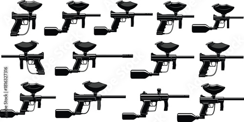 Set of paintball gun silhouettes, vector sport marker icons, isolated shooting equipment collection, black weapon shapes for gaming design, logo, and military simulation.