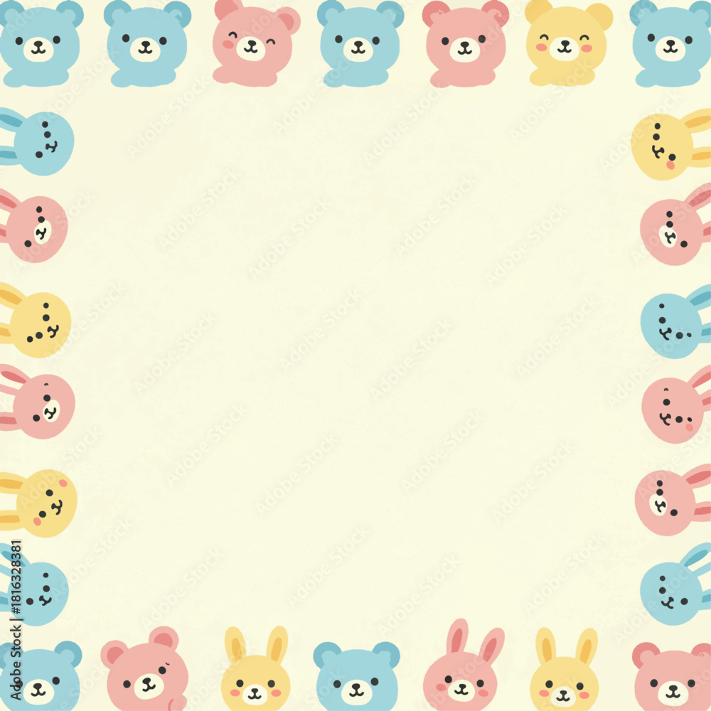 Fototapeta premium Cute pastel cartoon animal faces border on a light yellow background, featuring bears and bunnies.