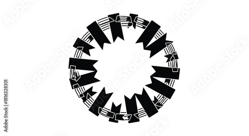 Decorative circular frame made of black ribbons and geometric shapes for design