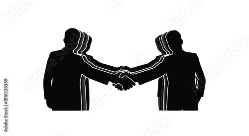 Two silhouetted figures in suits reaching across a void to shake hands, symbolizing partnership and agreement.
