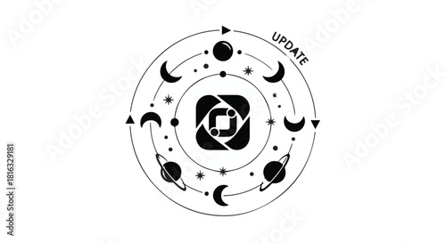 Celestial cycle illustration with phases of the moon and planets symbolizing progress and evolution.