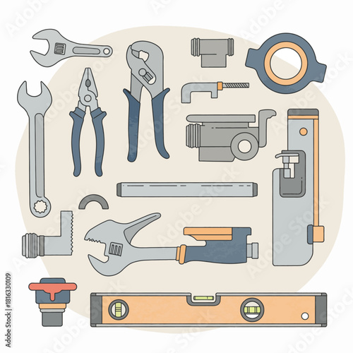 A collection of various plumbing tools and pipe fittings in a flat design illustration.