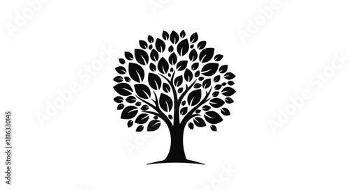 Stylized black tree silhouette with lush leaves on a clean white background