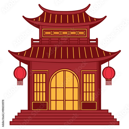 Chinese Temple Gate Icon  Traditional Red Pagoda Building Illustration