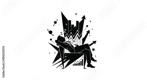 Businessman resting on throne of success, with growth charts and upward arrows symbolizing achievement.