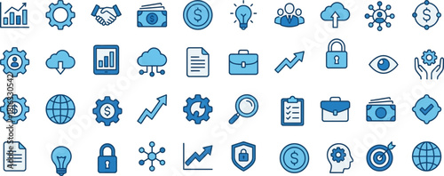 Business  Finance Blue Line Icons – Cloud, Security, Teamwork, Data, Money